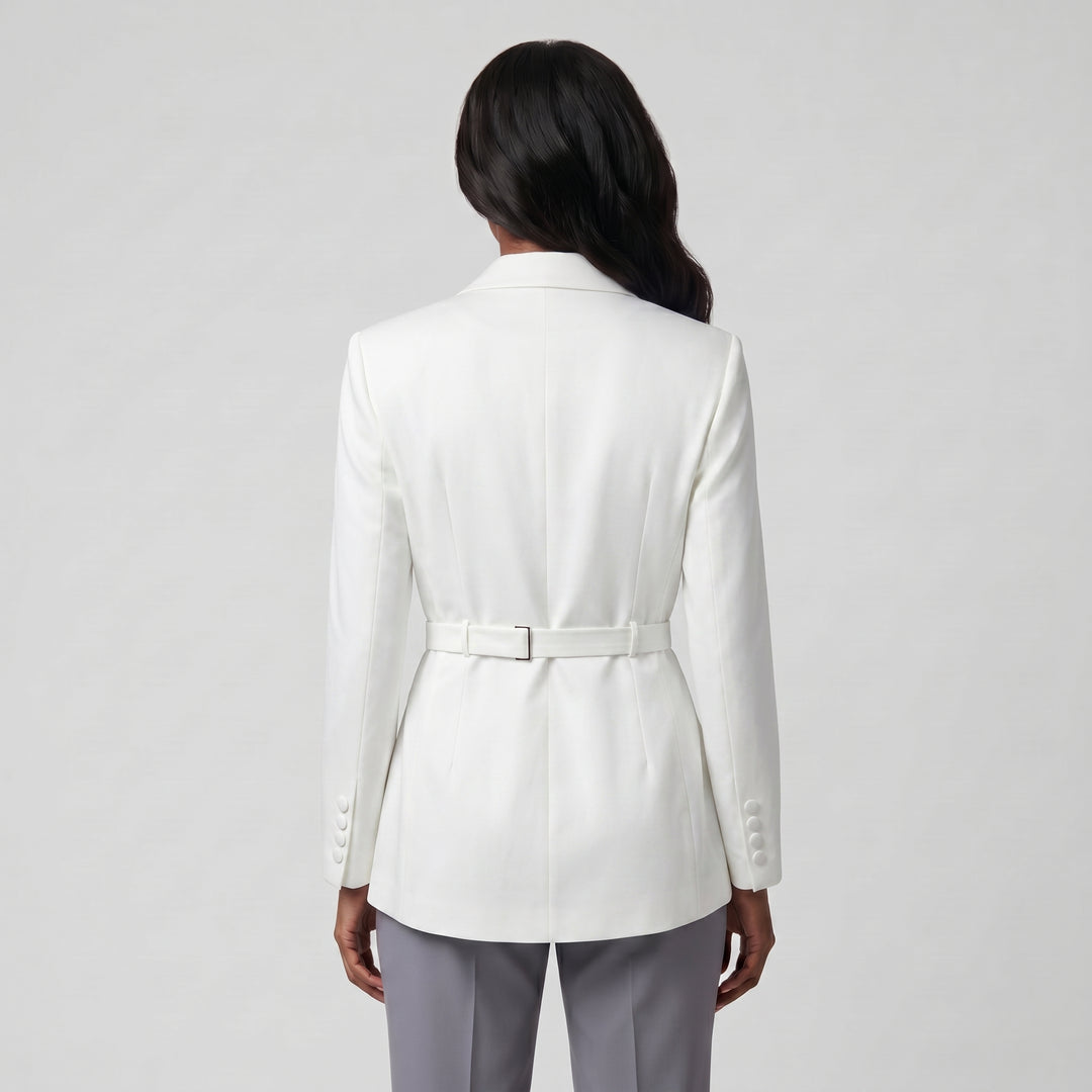 Weißer Damen-Blazer mit Bindegürtel, Rückenansicht