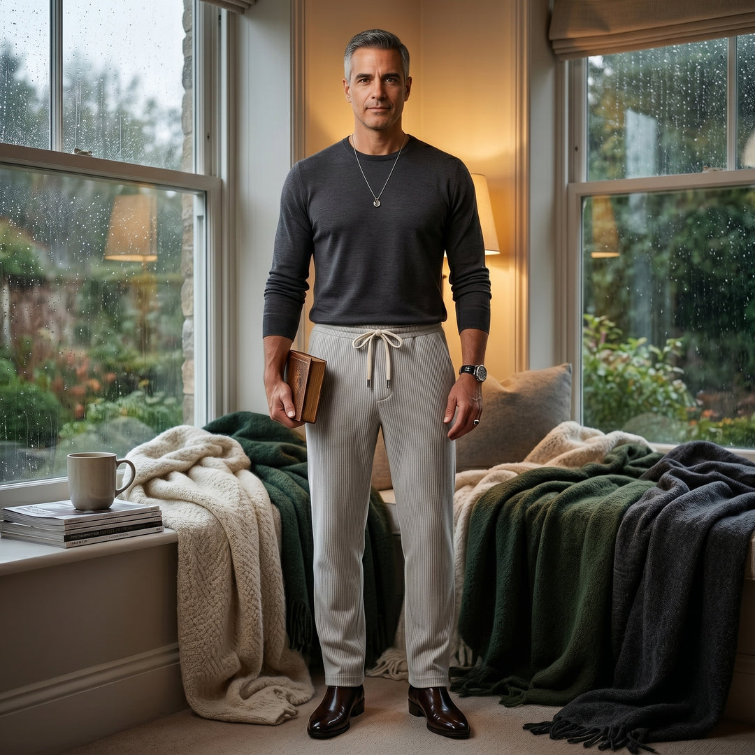 Herren Cordhose in Weiß mit dunklem Pullover kombiniert, Styling am Fenstersitz