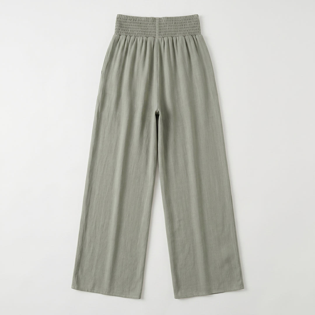 Palazzo-Hose Olivgrün Rückseite, Smockbund, Flat-Lay