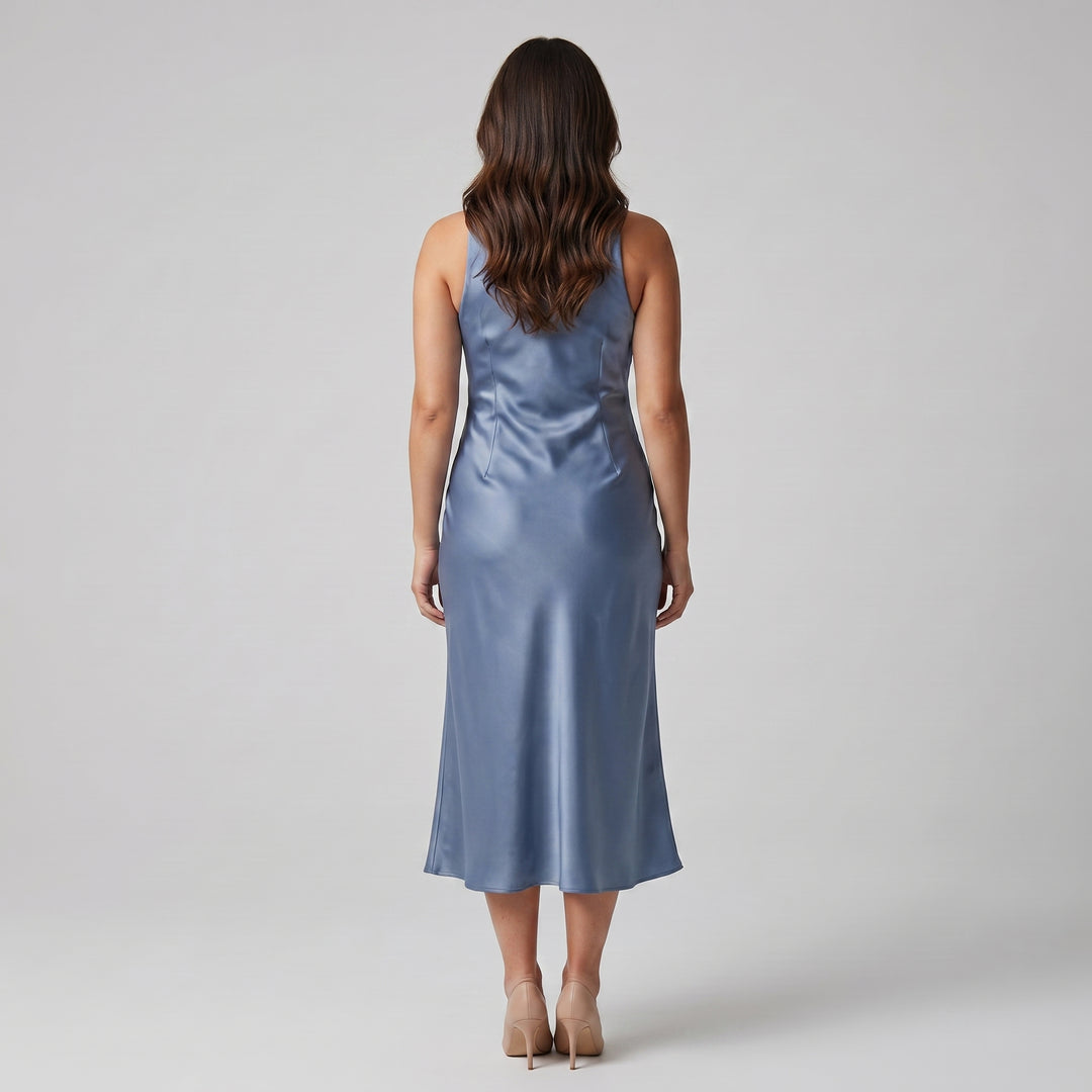 Damen Satin Slip Midikleid mit Wasserfallausschnitt