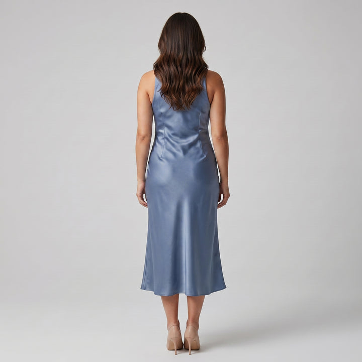 Damen Satin Slip Midikleid mit Wasserfallausschnitt