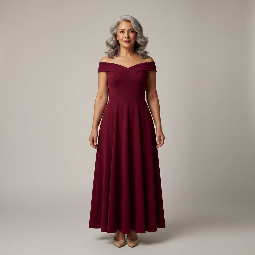 Weinrotes Off-Shoulder Abendkleid in A-Linie, bodenlang, Vorderansicht