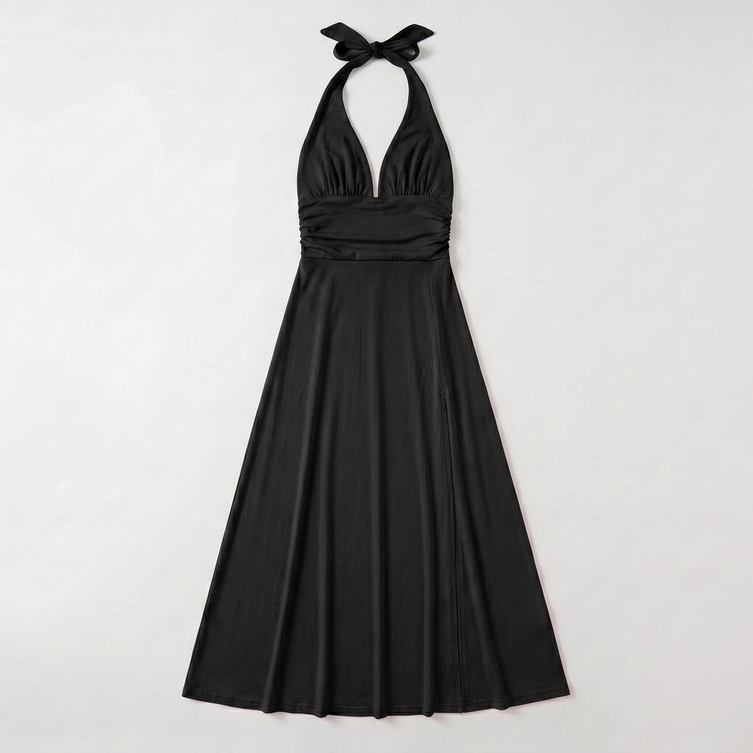 Damen Maxikleid Schwarz Neckholder tiefer V-Ausschnitt A-Linie Schlitz Flat-lay