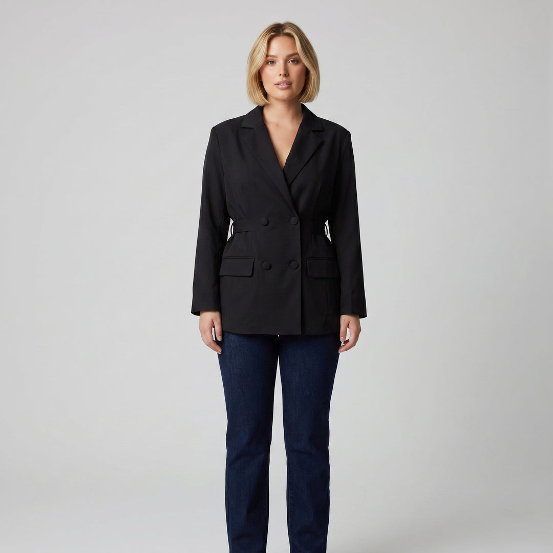 Schwarzer zweireihiger Damen-Blazer mit Pattentaschen, Frontansicht