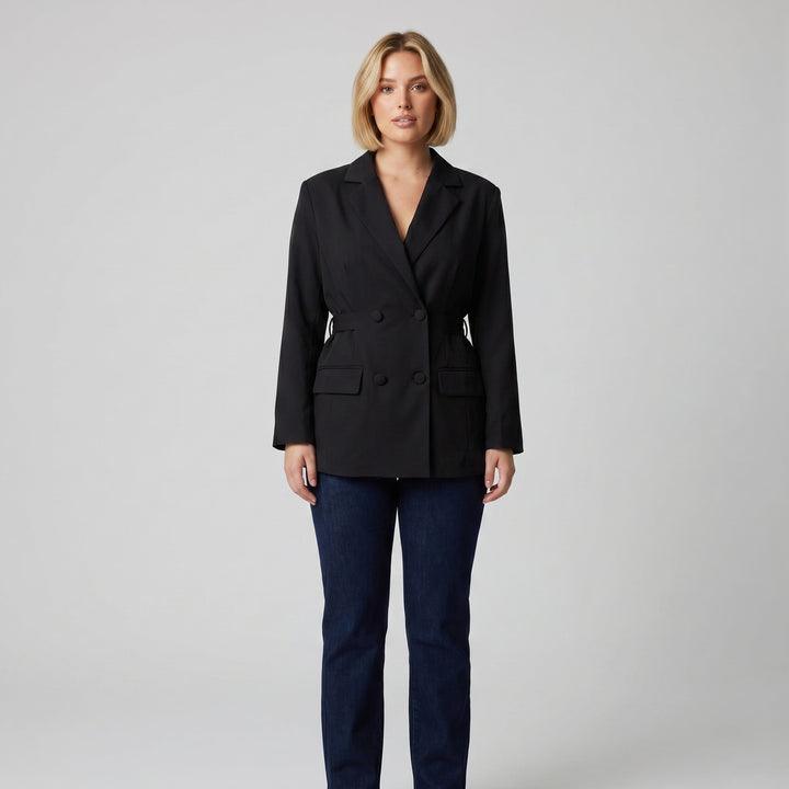 Schwarzer zweireihiger Damen-Blazer mit Pattentaschen, Frontansicht