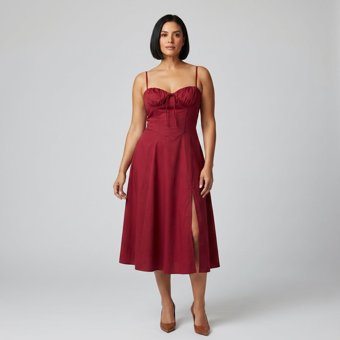 Damen Bustierkleid Bordeaux, tailliert, A-Linie mit Schlitz, Vorderansicht