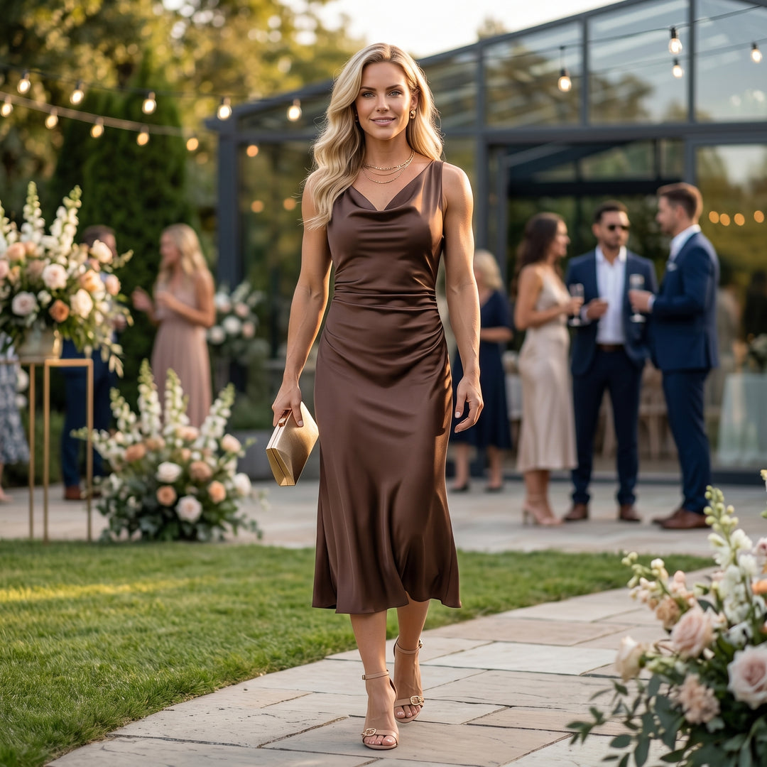 Satin Slip Kleid Creme, elegante Rückenlinie, Rückenansicht