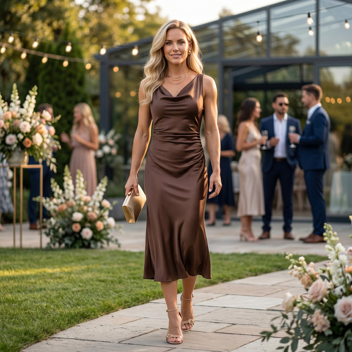 Satin Slip Kleid Creme, elegante Rückenlinie, Rückenansicht