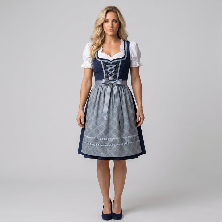 Dirndl Damen dunkelblau mit grauer Jacquardschürze, Herzausschnitt und Schnürung, Frontansicht