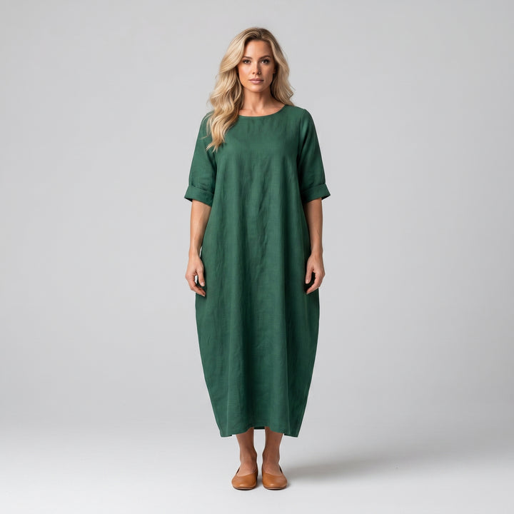 Dunkelgrünes Maxikleid mit Ballonform und 3/4-Arm, Vorderansicht