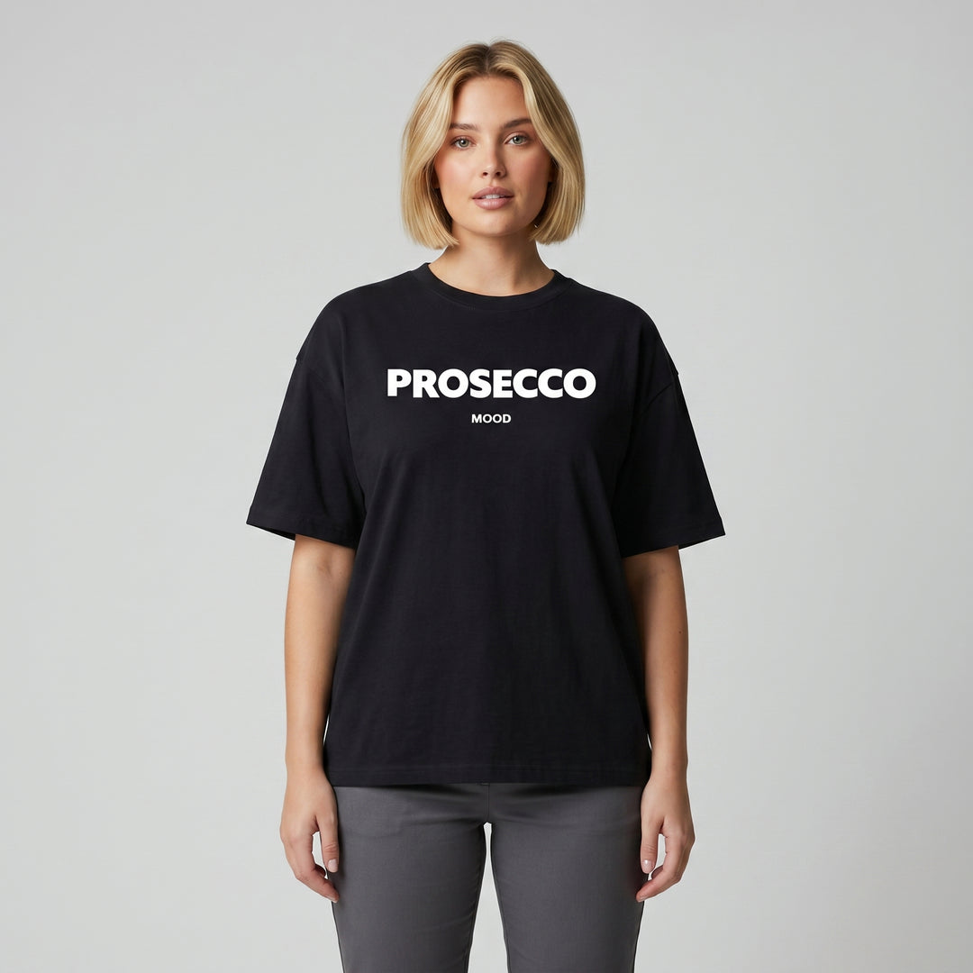 Schwarzes Oversized T-Shirt mit weißem PROSECCO MOOD Aufdruck, Vorderansicht