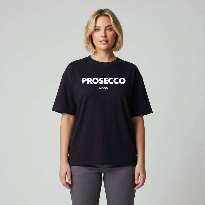 Schwarzes Oversized T-Shirt mit weißem PROSECCO MOOD Aufdruck, Vorderansicht