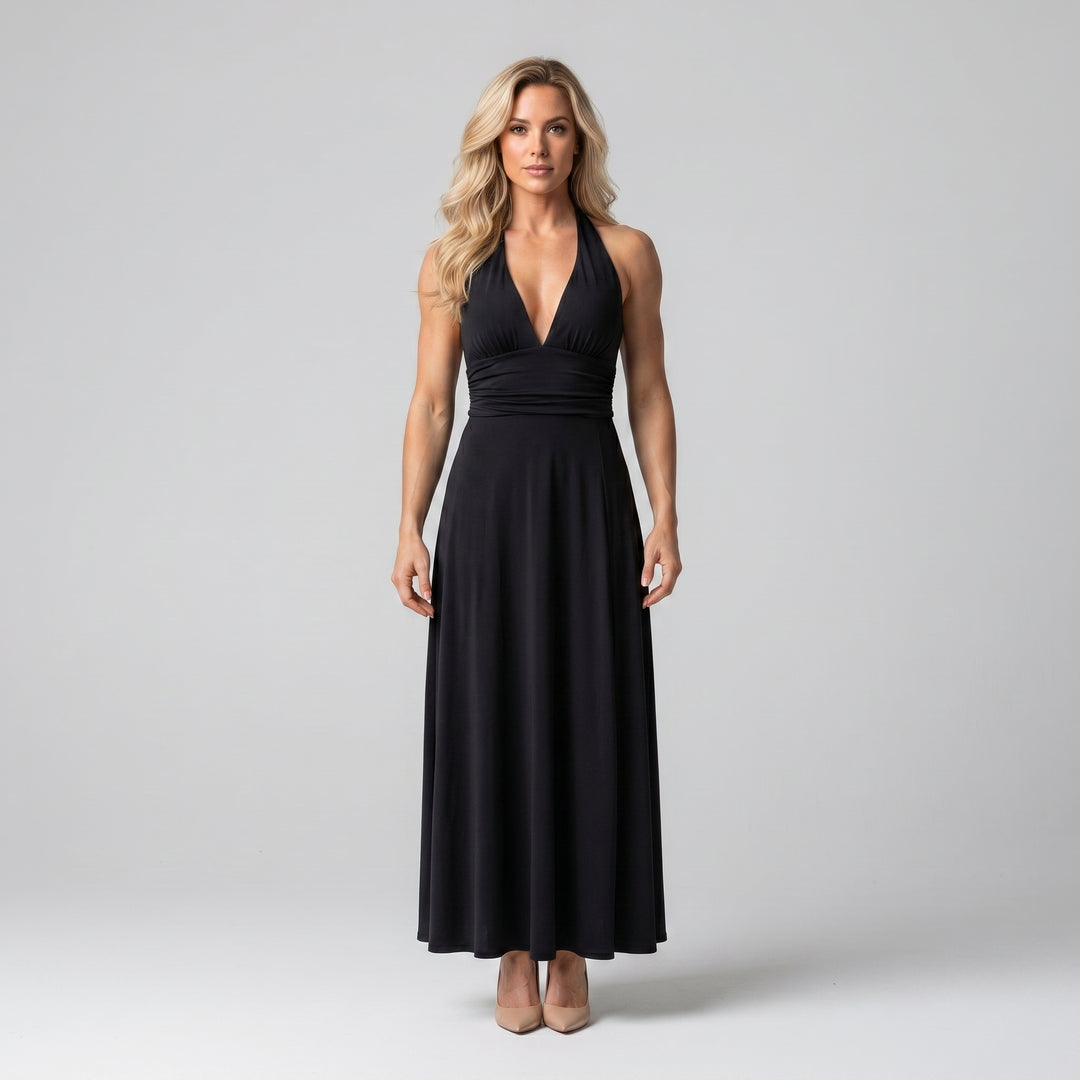 Damen Maxikleid Schwarz Neckholder tiefer V-Ausschnitt A-Linie Vorderansicht