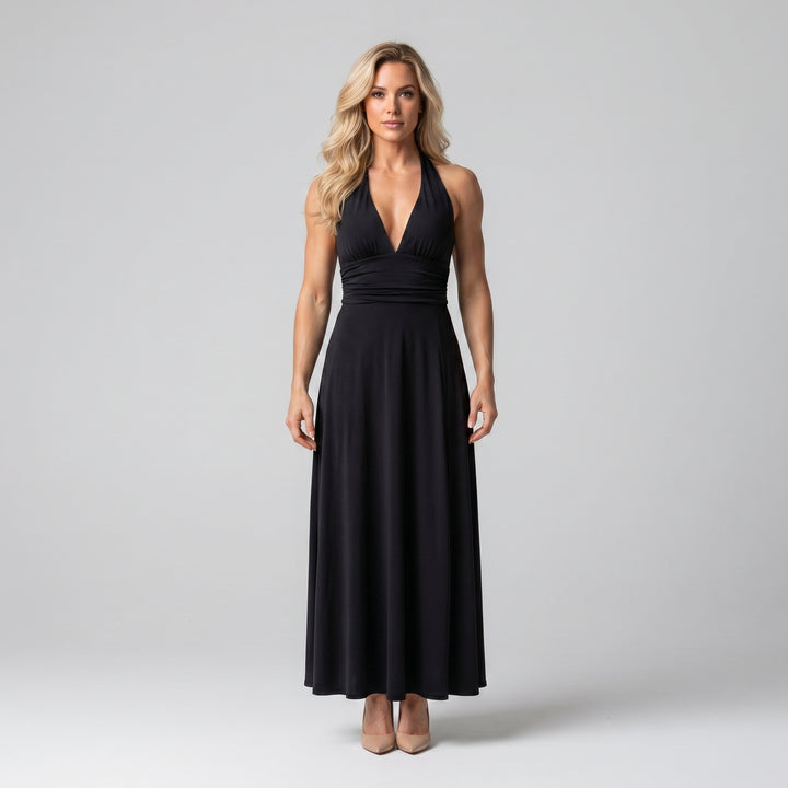 Damen Maxikleid Schwarz Neckholder tiefer V-Ausschnitt A-Linie Vorderansicht