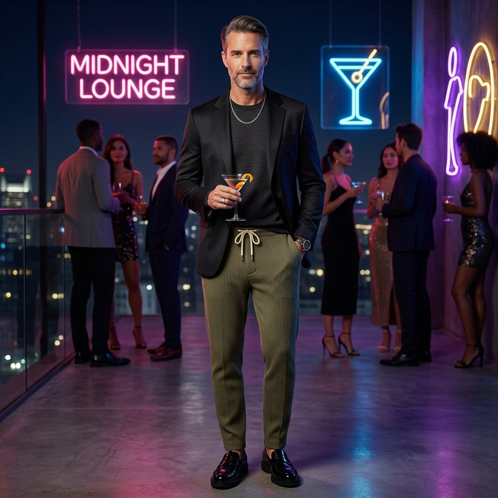 Herren Cordhose in Olivgrün mit schwarzem Blazer kombiniert, Abend-Styling in Rooftop-Bar