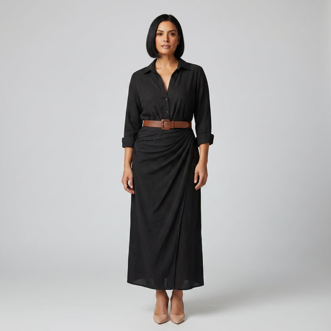 Damen Maxikleid Schwarz mit Gürtel, Seitenansicht