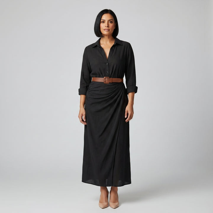 Damen Maxikleid Schwarz mit Gürtel, Seitenansicht