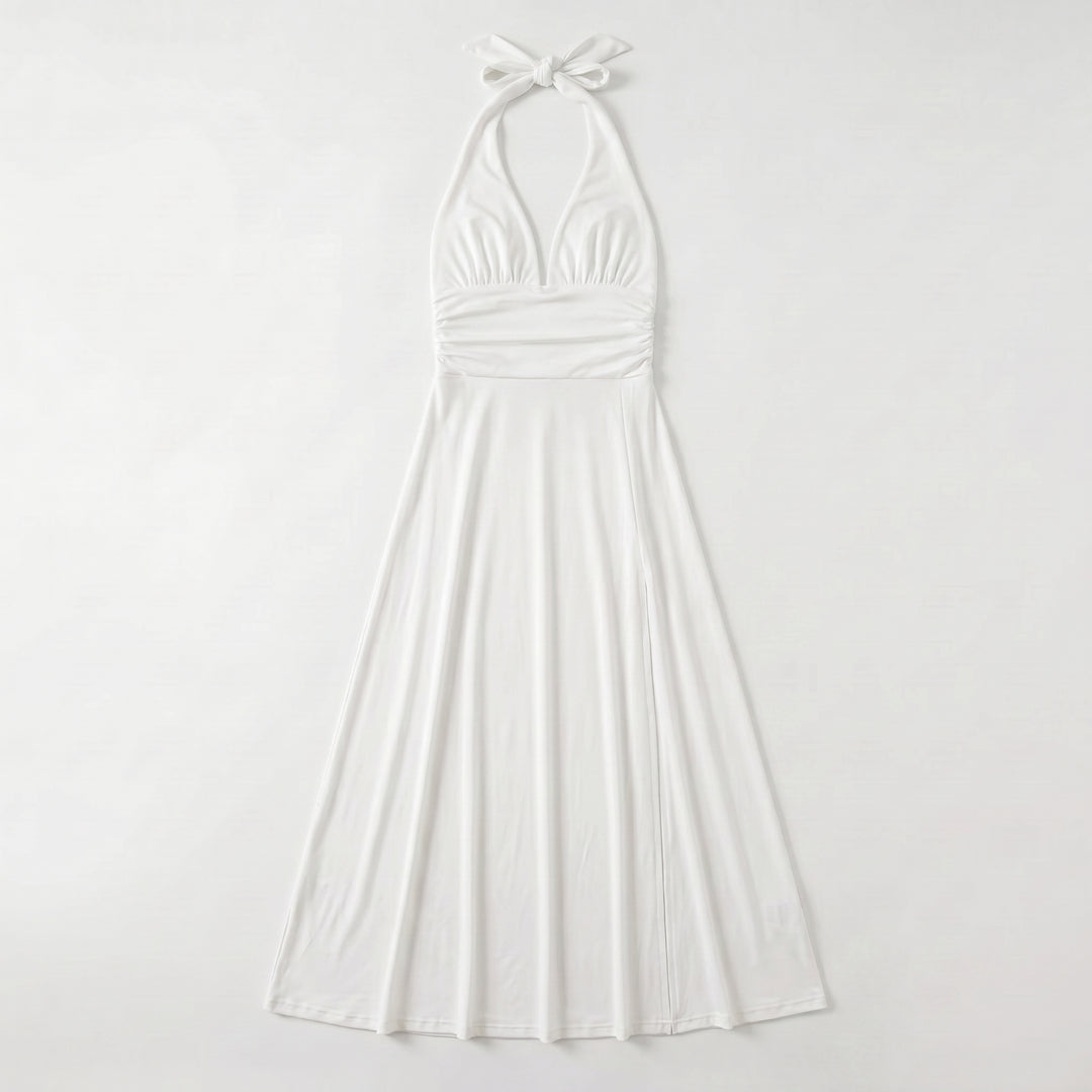 Damen Maxikleid Weiß Neckholder tiefer V-Ausschnitt A-Linie Schlitz Flat-lay