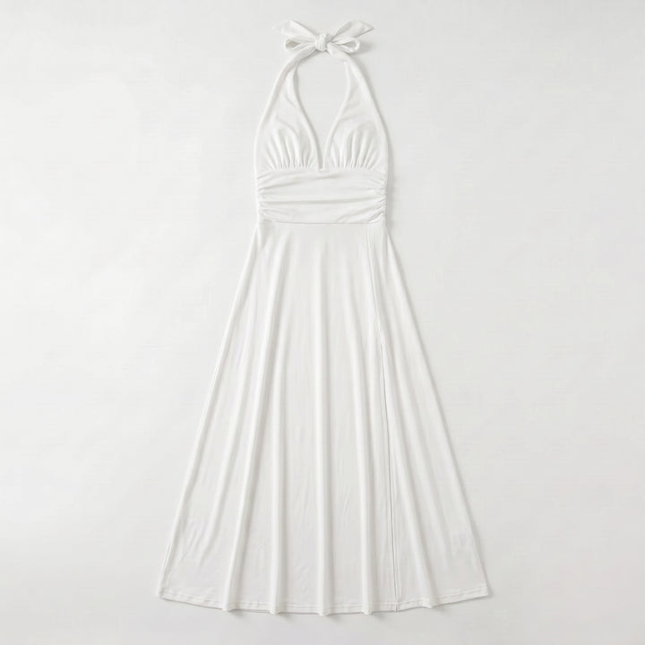 Damen Maxikleid Weiß Neckholder tiefer V-Ausschnitt A-Linie Schlitz Flat-lay