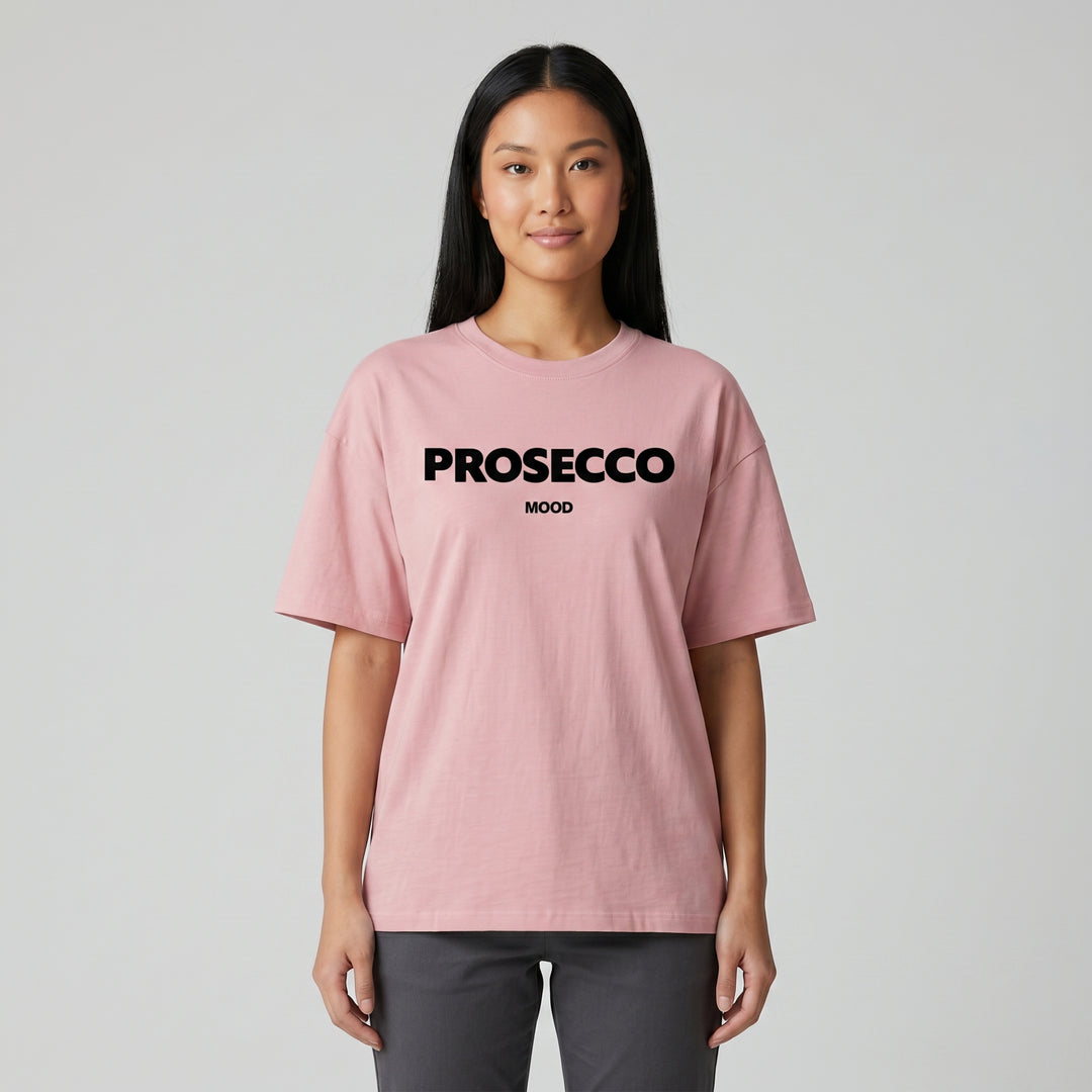 Rosafarbenes Oversized T-Shirt mit schwarzem PROSECCO MOOD Aufdruck, Vorderansicht