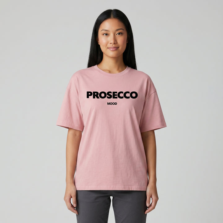 Rosafarbenes Oversized T-Shirt mit schwarzem PROSECCO MOOD Aufdruck, Vorderansicht