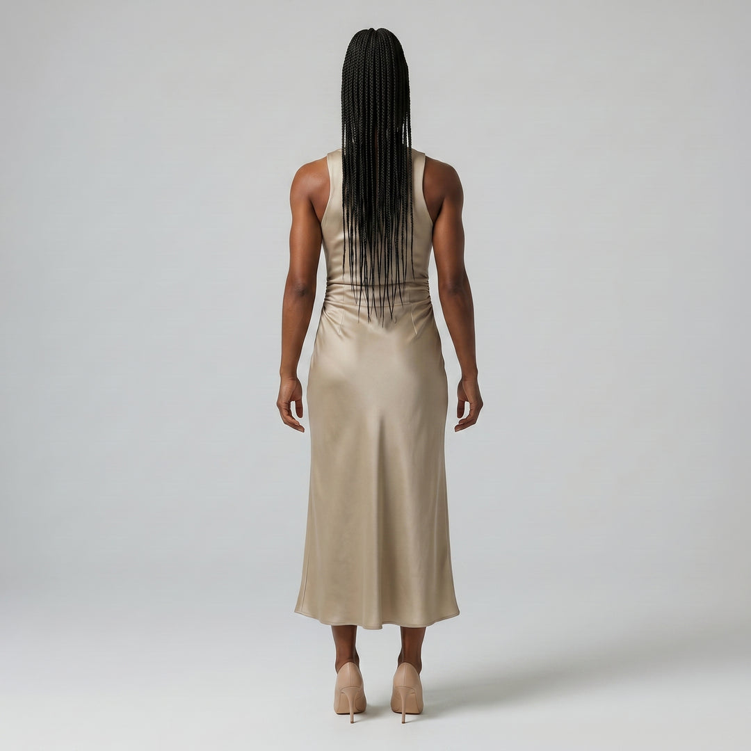 Satin Slip Kleid Beige, elegante Rückseite mit Spaghettiträgern, Rückenansicht