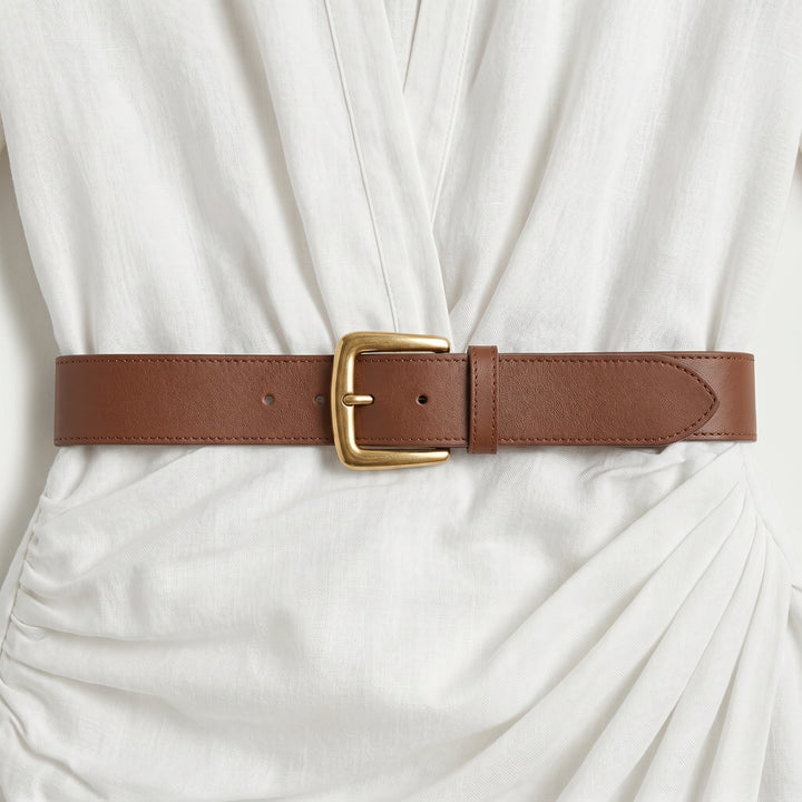 Damen Maxikleid Khaki mit Gürtel, Dreiviertelansicht