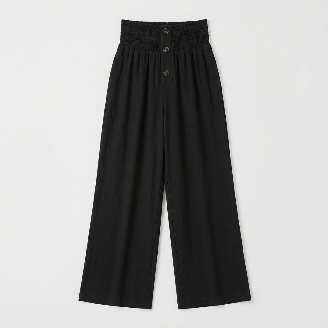 Schwarze Palazzo-Hose mit Smockbund und Knöpfen, Flat-Lay