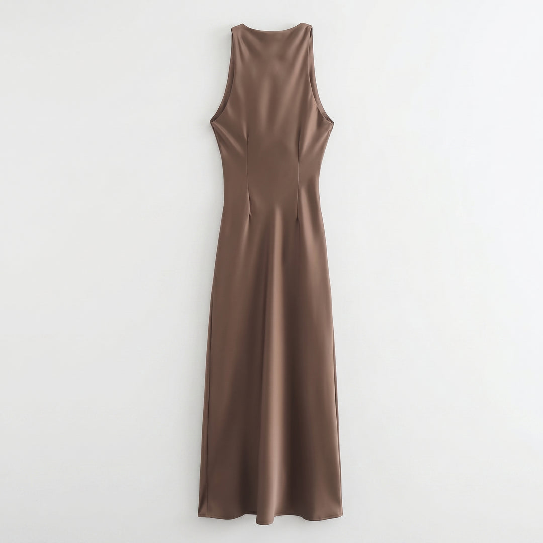 Satin Midikleid Khaki, fließende A-Linie Silhouette, Seitenansicht