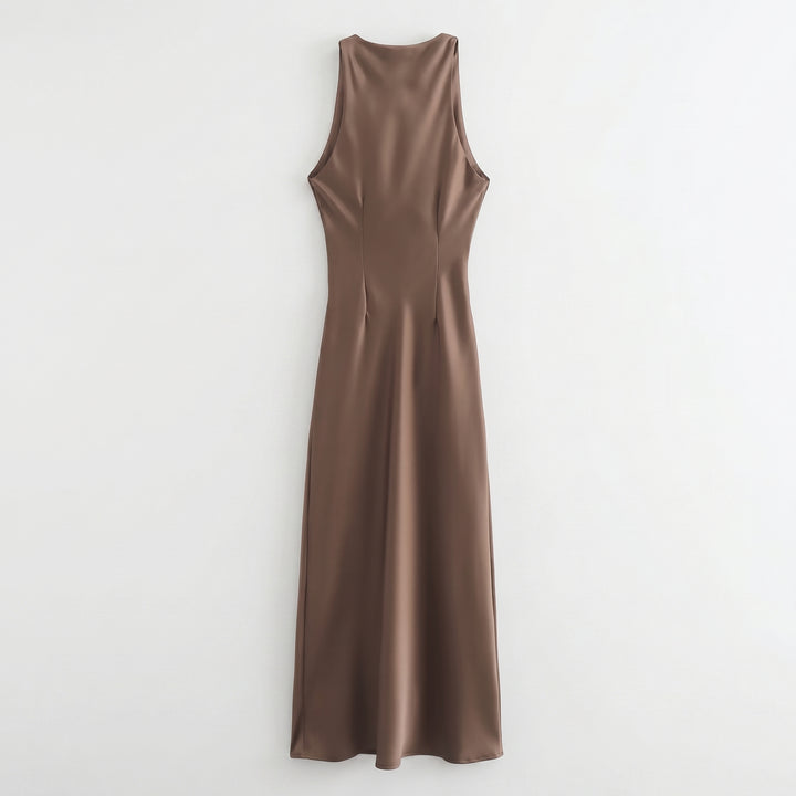 Satin Midikleid Khaki, fließende A-Linie Silhouette, Seitenansicht