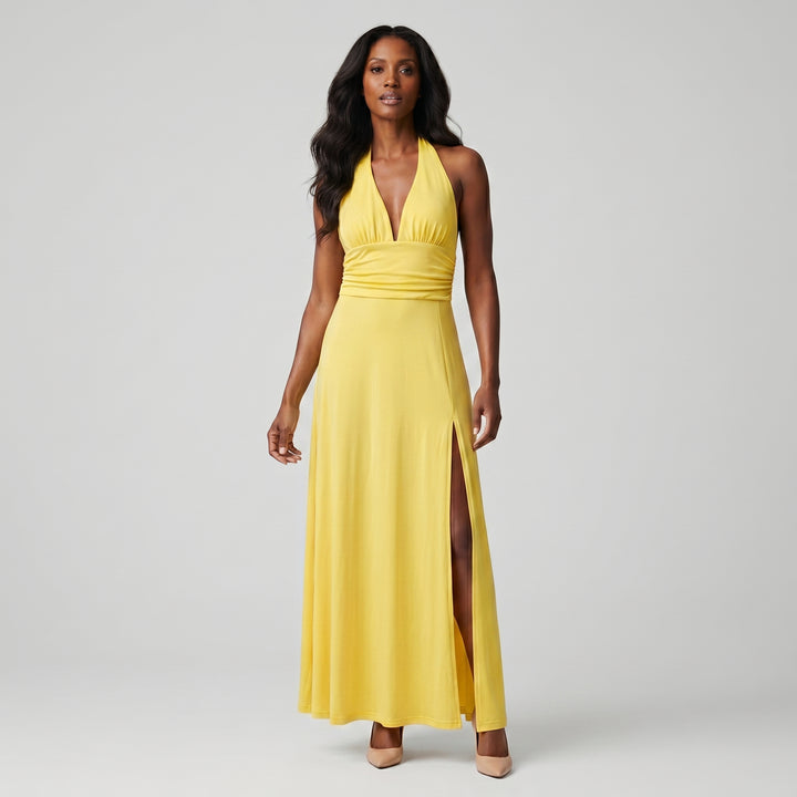 Damen Maxikleid Gelb Neckholder tiefer V-Ausschnitt Seitenschlitz Vorderansicht