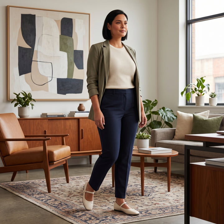Mary-Jane-Ballerina Creme am Model mit Blazer und Hose – Ganzkörper Styling