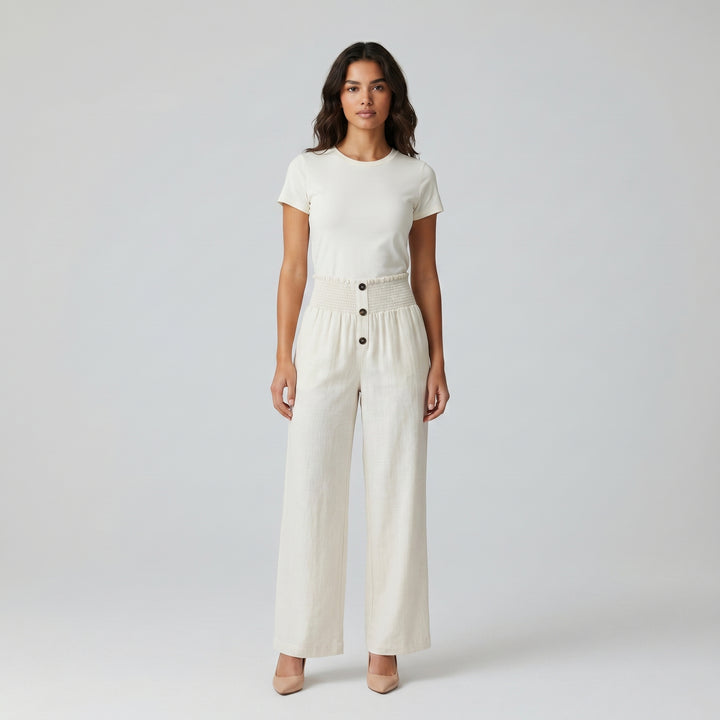 Damen Palazzo-Hose in Creme mit Smockbund und 3 Knöpfen, Frontansicht