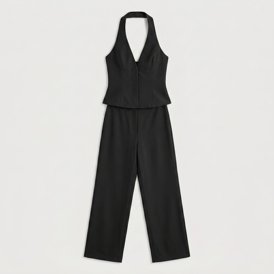 Schwarzes Weste-Hose-Set flach, Neckholder-Weste und weite gerade Hose