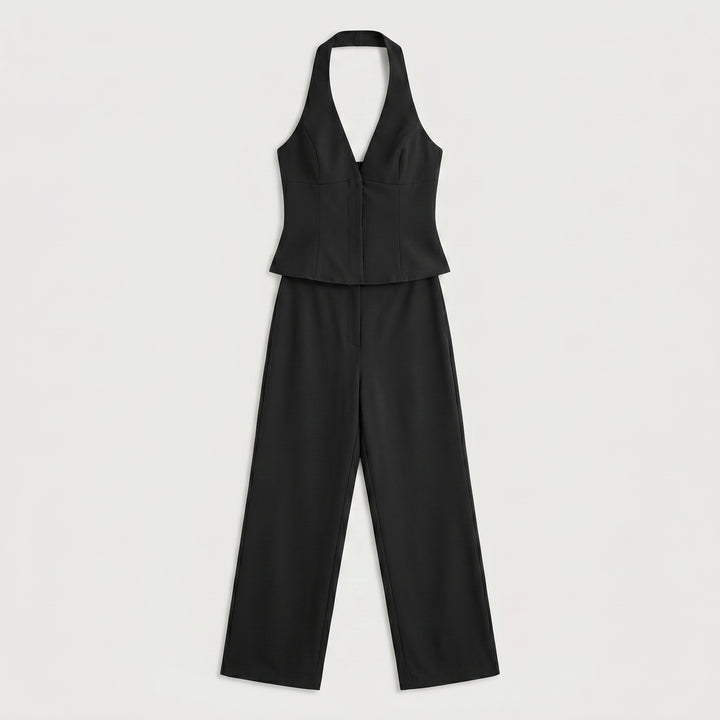 Schwarzes Weste-Hose-Set flach, Neckholder-Weste und weite gerade Hose