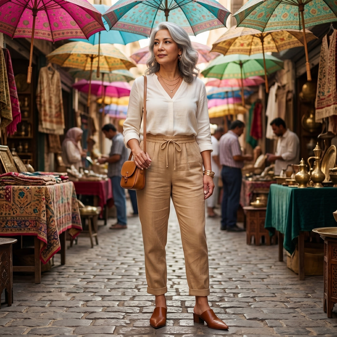 Leinenhose Khaki, Lifestyle-Aufnahme auf dem Markt, eleganter Casual-Look
