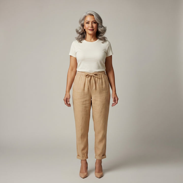 Damen Leinenhose Khaki, lockerer Schnitt mit Kordelzug, Frontansicht Studio