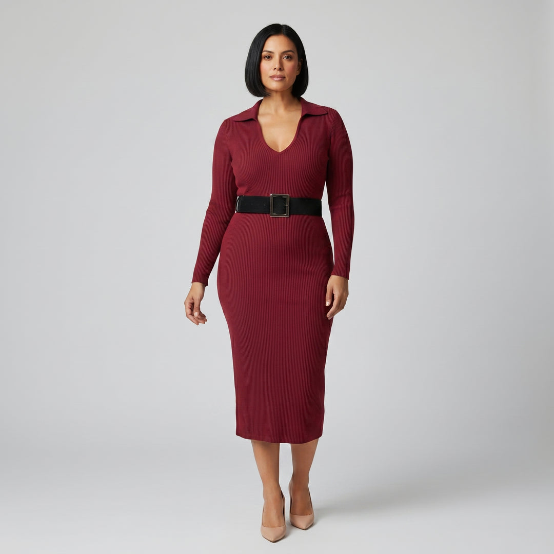 Figurbetontes Strick-Midikleid Damen Weinrot, Frontansicht mit Rollkragen