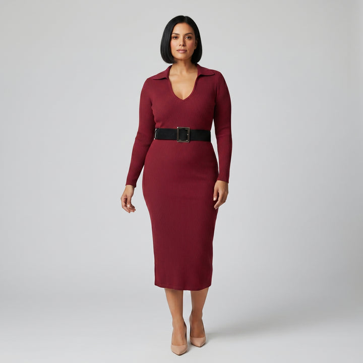 Figurbetontes Strick-Midikleid Damen Weinrot, Frontansicht mit Rollkragen