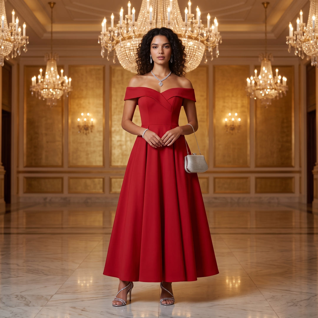 Rotes Off-Shoulder Abendkleid bei Galaempfang unter Kristallleuchtern
