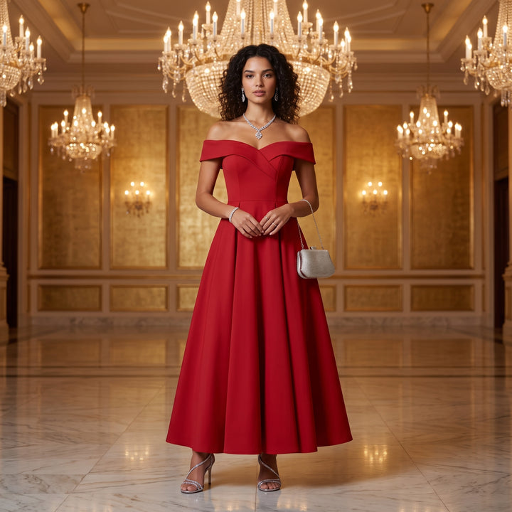 Rotes Off-Shoulder Abendkleid bei Galaempfang unter Kristallleuchtern