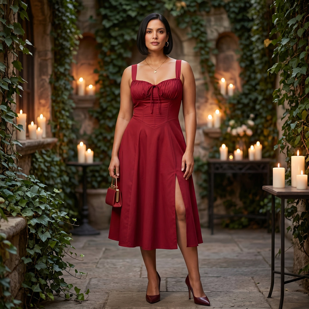 Bustierkleid Bordeaux in romantischem Abend-Setting mit Kerzen