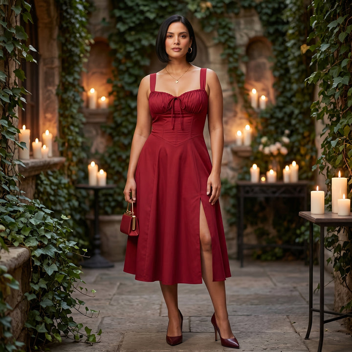 Bustierkleid Bordeaux in romantischem Abend-Setting mit Kerzen