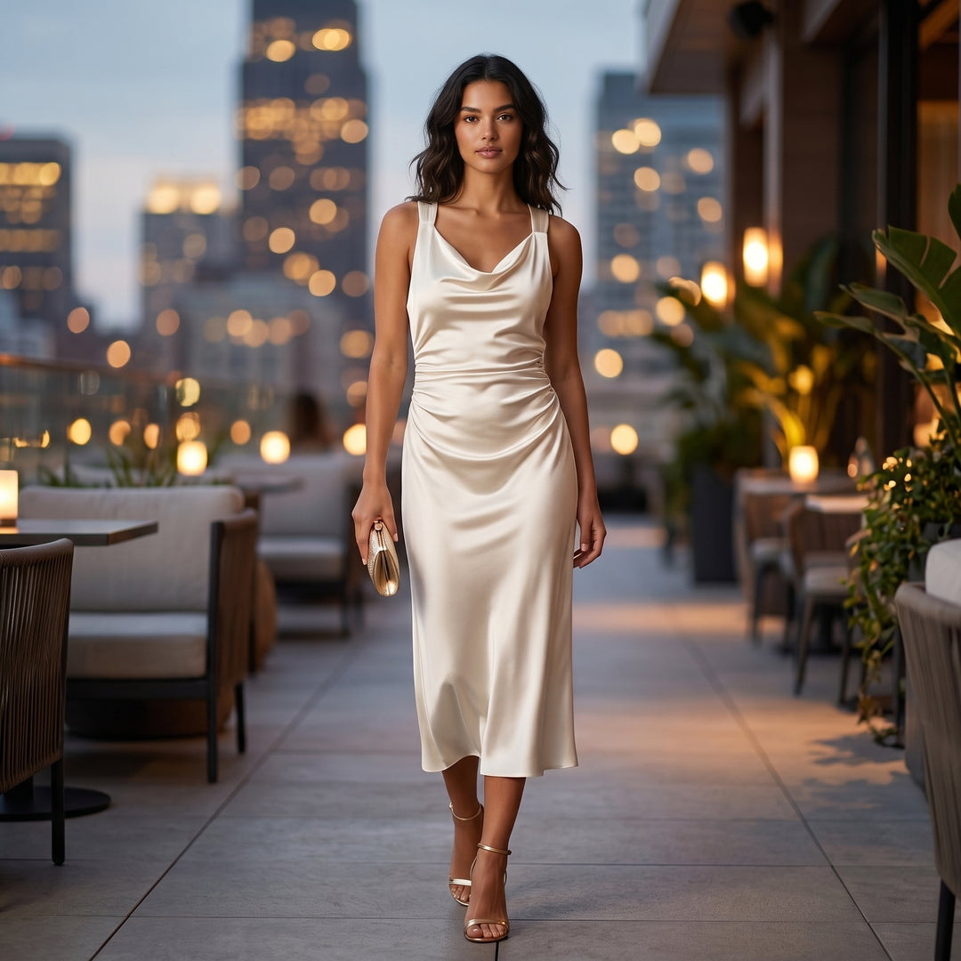 Satin Slip Midikleid Creme mit Spaghettiträgern und Raffung, Frontansicht