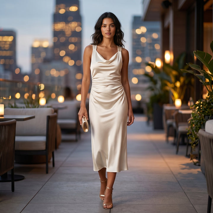 Satin Slip Midikleid Creme mit Spaghettiträgern und Raffung, Frontansicht