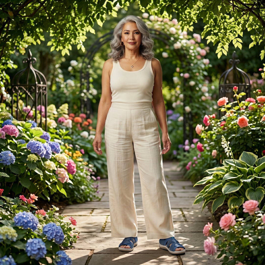 Frau trägt marineblaue Sandalen zu weißem Outfit in romantischem Rosengarten
