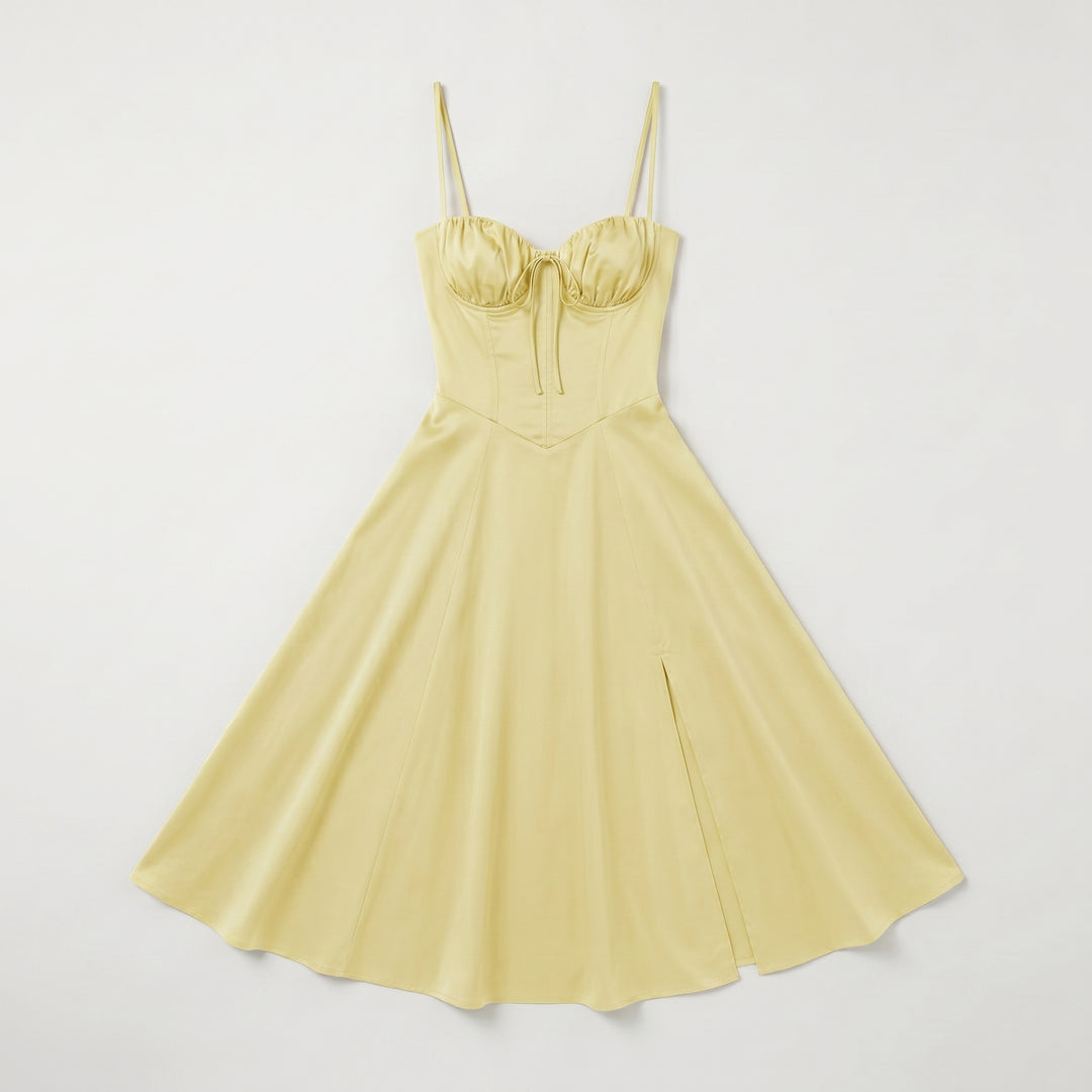Bustierkleid Hellgelb, A-Linie mit seitlichem Schlitz, Flat-Lay