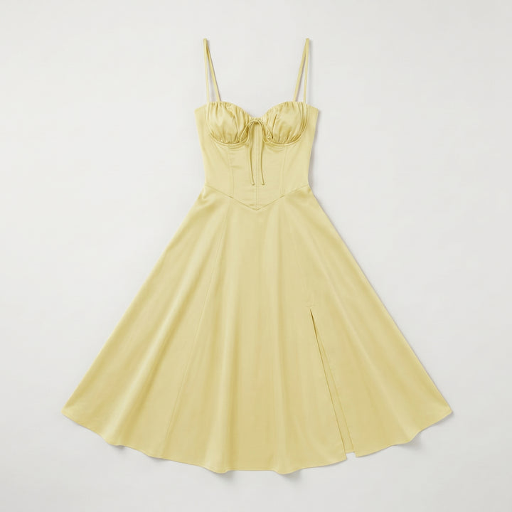 Bustierkleid Hellgelb, A-Linie mit seitlichem Schlitz, Flat-Lay