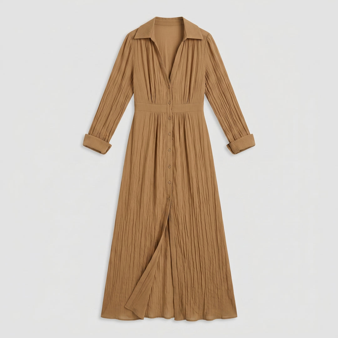 Plissee Maxikleid in Camel mit Knopfleiste und Reverskragen, Flat-lay