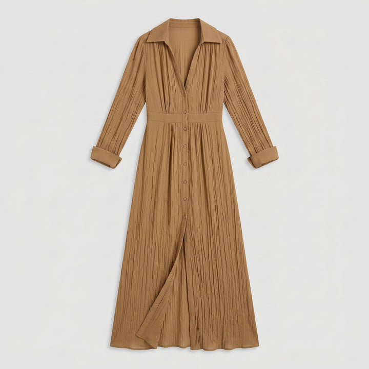 Plissee Maxikleid in Camel mit Knopfleiste und Reverskragen, Flat-lay
